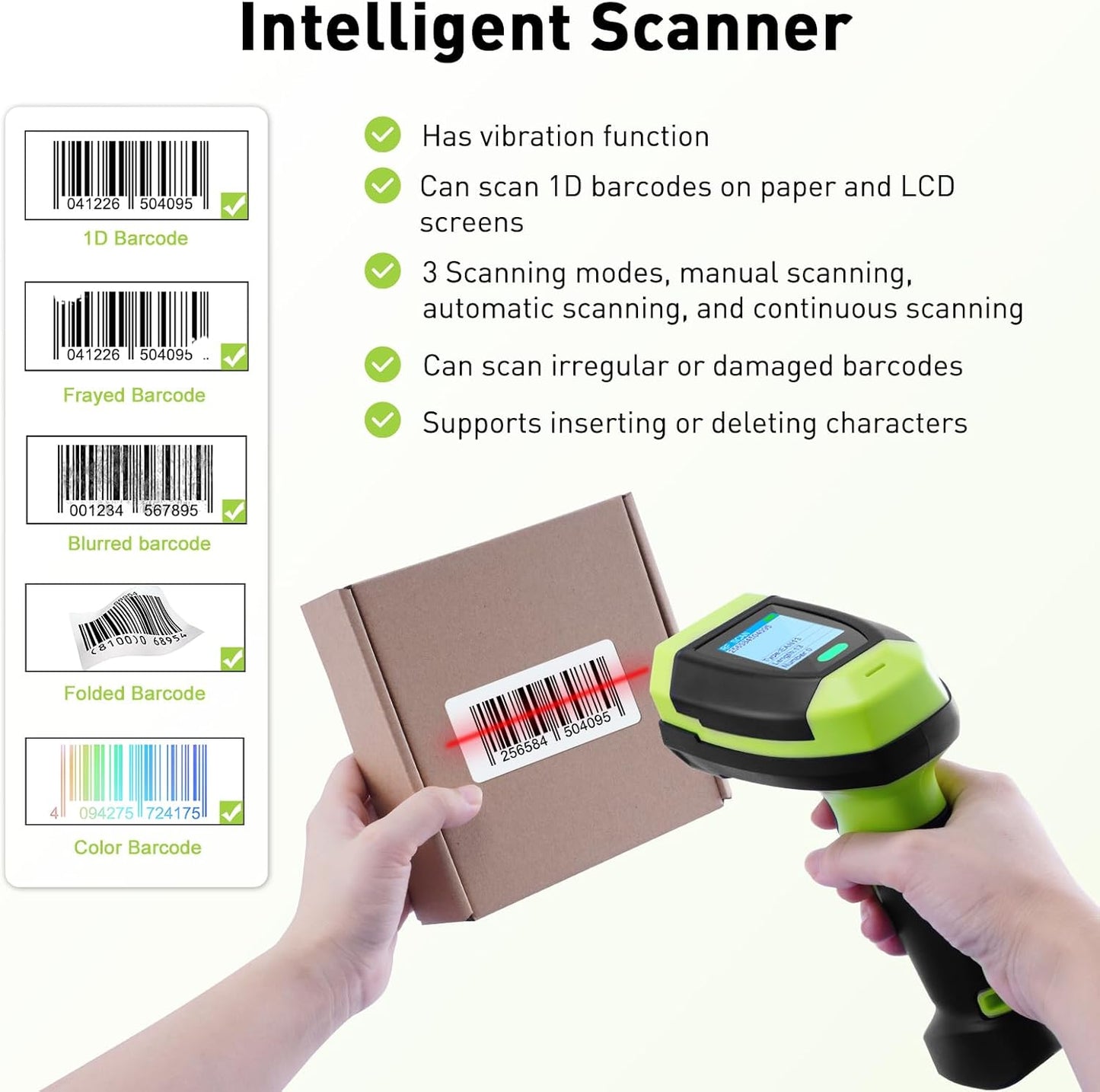 Barcode Scanner Wireless, 1D CCD Automatic Bar Code Scanner with Display Screen, Rechargeable Handhold Barcode Reader with 2.4G Receiver & USB Wired Plug and Play (Green)