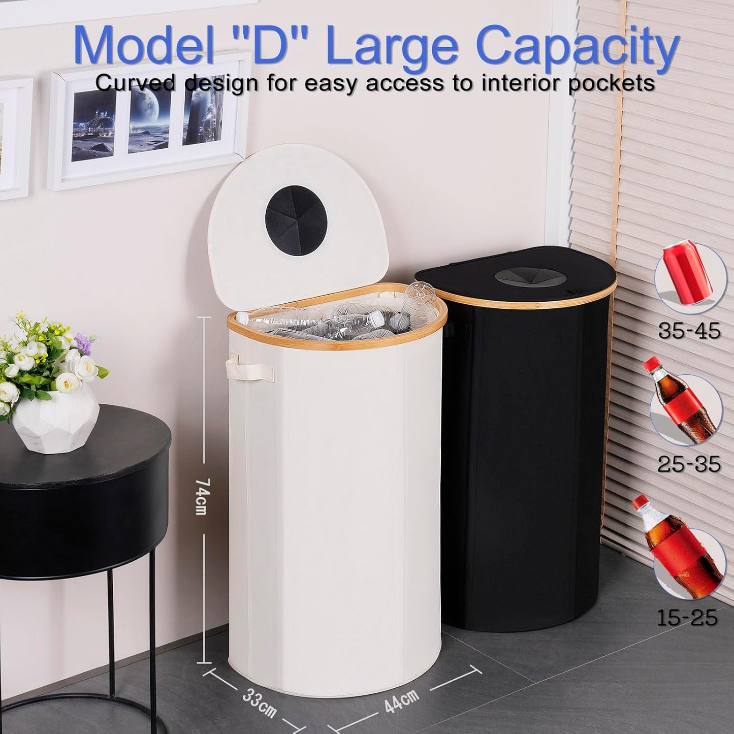 Efluky Recycling Bin 100L, 26 Gallon, Beige, D-Shaped, Oxford Fabric, 17.32"L x 12.9"W x 11.46"H, 2 Removable Inner Bags, Lightweight, Open-Top, Cycling, Kitchen