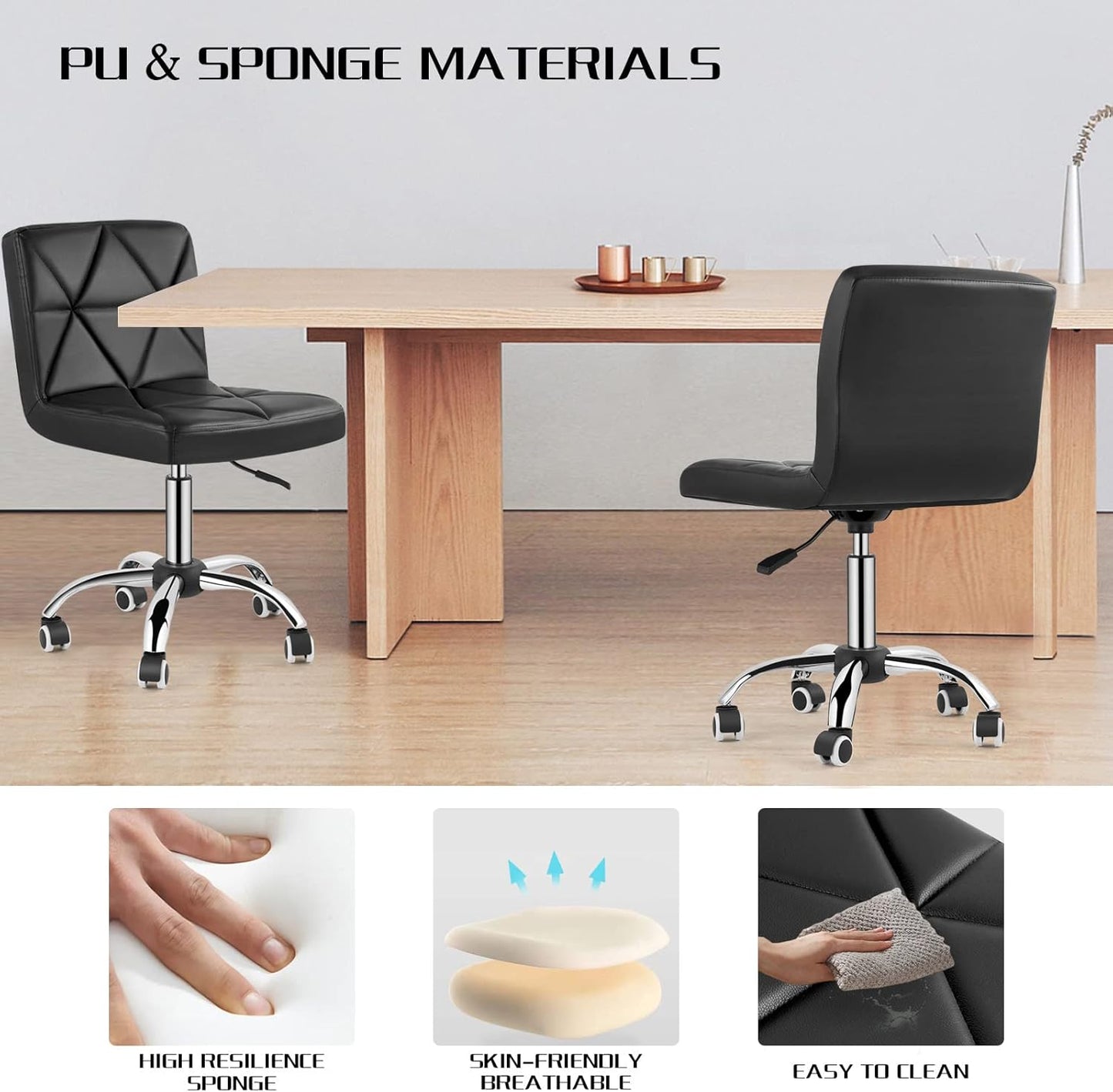 COSVALVE Armless Desk Chair, Mid Back 360 Degree Swivel Office Chair, Height Adjustable Executive Conference Task Chair with Rolling Wheels and Diamond Pattern, for Home Computer Barber, Black