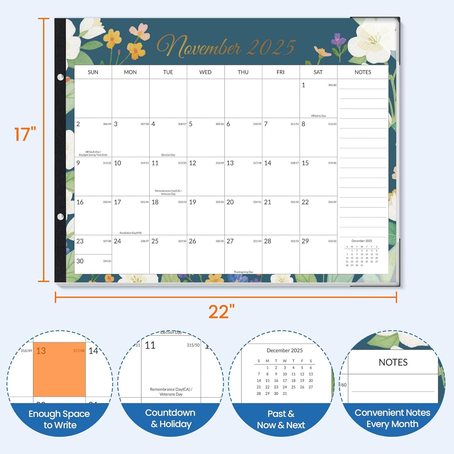 SUNEE Large Desk Calendar 2025-2026 22x17 from October 2025 to March 2027, Extra Large Desktop Monthly Calendar Pad 18 Months For Teacher or Family, Desk Top, Floral