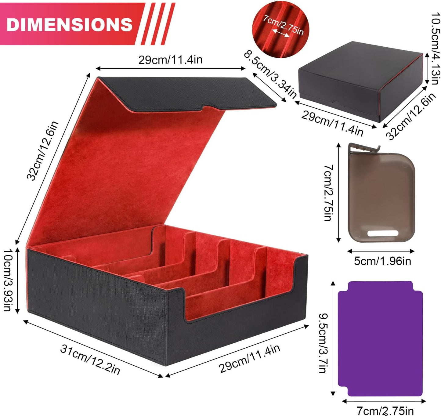 Card Organizer Box, 3000+Trading Card Storage Box, PU Leather Card Organizer Box With 24 Dividers, Magnetic Closure, 4 Supporters, Card Holder Box For Game Sports Card,Red