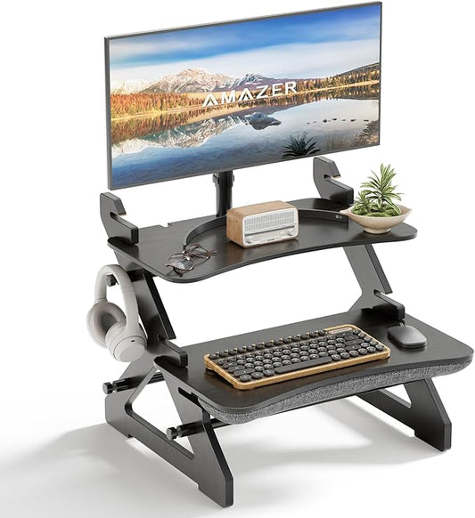 Amazer Standing Desk Converter, 22 inch Bamboo Small Sit Stand Up Desk Riser with Lap Desk Computer Desktop Desk Converter for Monitor and Laptop with Keyboard Tray, Black