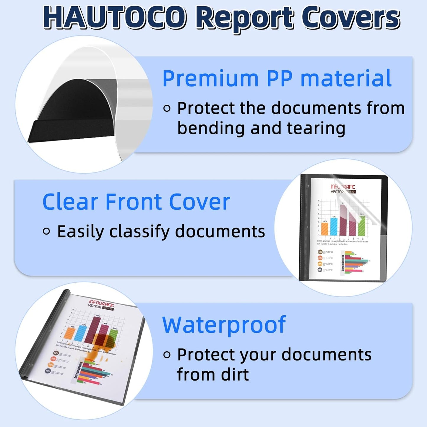 HAUTOCO 30 Pack Plastic Report Covers with 3-Prong Fasteners Clear Front Presentation Folders Resume Folders for 8.5x11 Letter Size Paper, Document Report Cover for School Office Business, Black