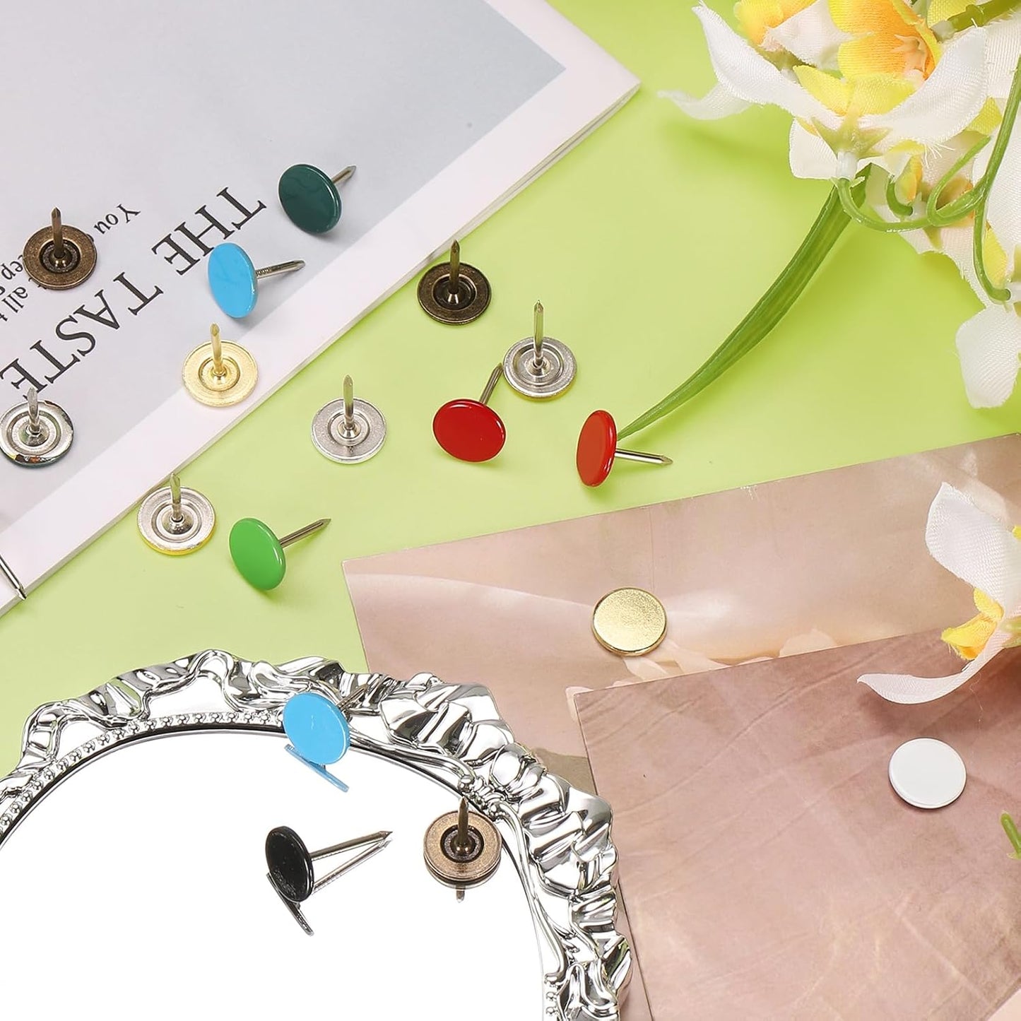 uxcell 100Pcs Upholstery Tacks, 11mmx15mm Flat Head Thumb Tack Decorative Furniture Nails Push Pins for Furniture Sofa Headboards, Pink