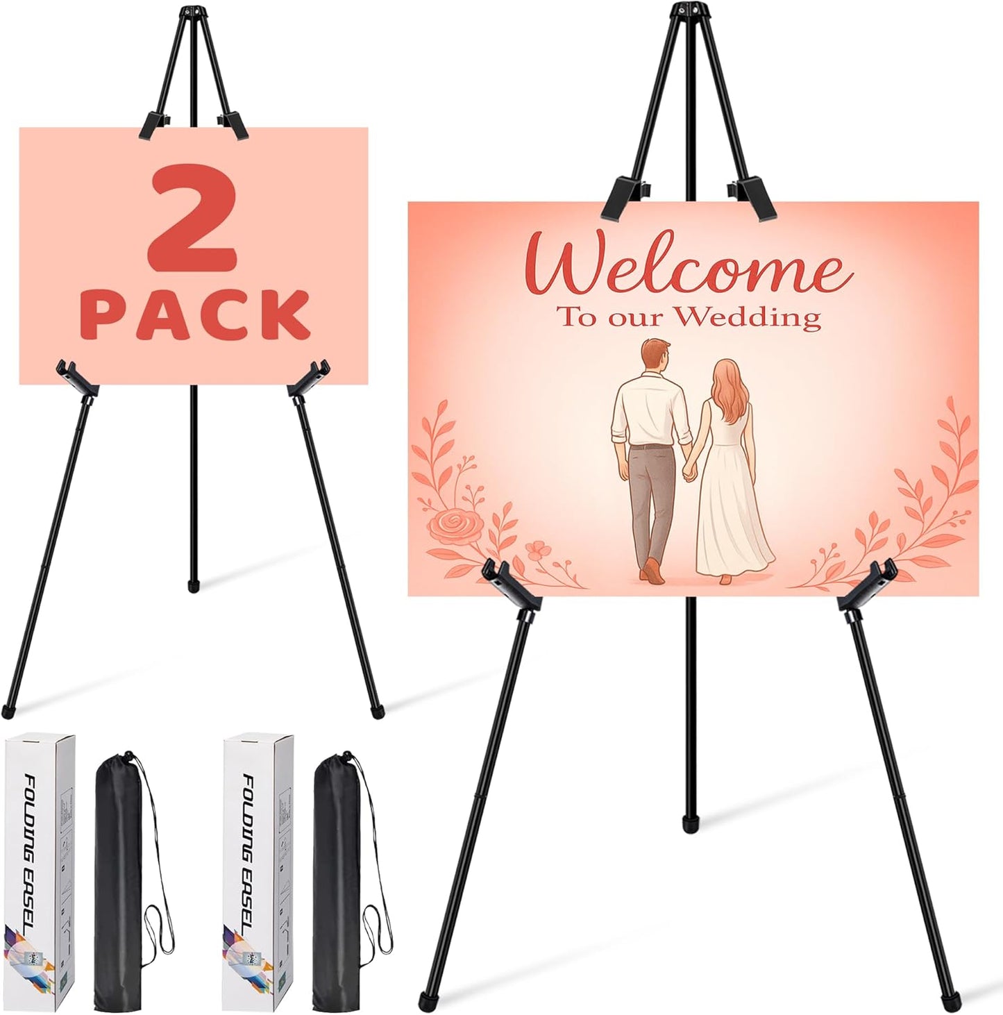 2Pack Black Easel Stand for Sign & Poster - 63" Adjustable Metal Display Easels for Wedding Welcome Signs, Painting, Canvas, Art & Picture - Portable Folding Tripod with Carry Bag, Holds 5 Lbs