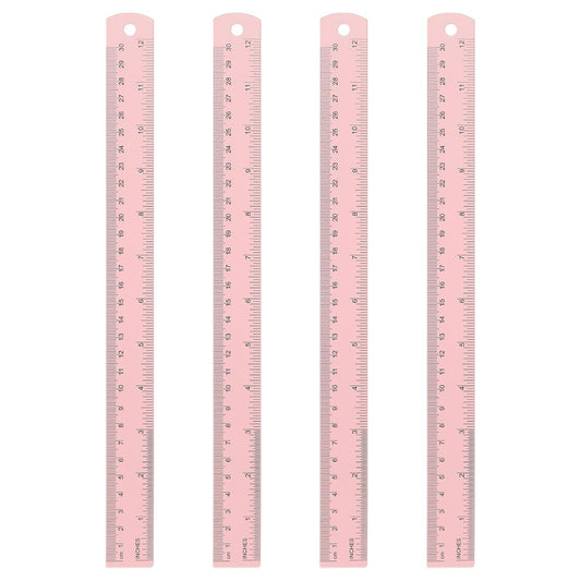 HARFINGTON 4pcs Metal Straight Ruler 30cm Metric SAE Aluminum Alloy Measuring Rulers Scale Tool with Hole for Measure Study Reading Classroom Office, Pink