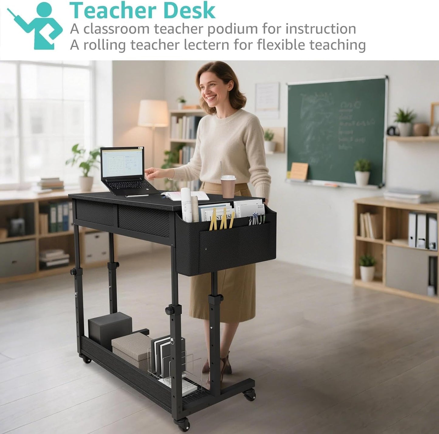 Small Portable Rolling Standing Desk - 32 Inch Adjustable Mobile Stand Up Teacher Desks with 2 Fabric Drawers on Wheels for Classroom, Couch Sofa Side Laptop Table with Storage for Home Office, Black