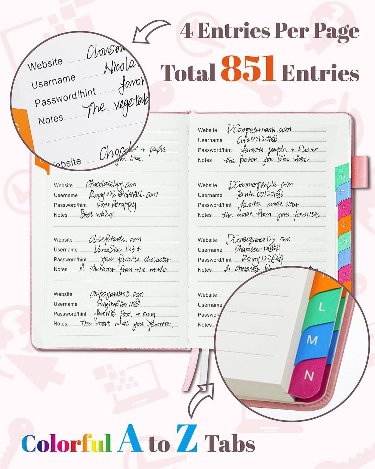 Password Keeper Book with Colorful Alphabetical Tabs, Hardcover Password Log-Book for Internet Password and Website Address, 5.8"×8.4" Password Notebook for Home Office (Pink)