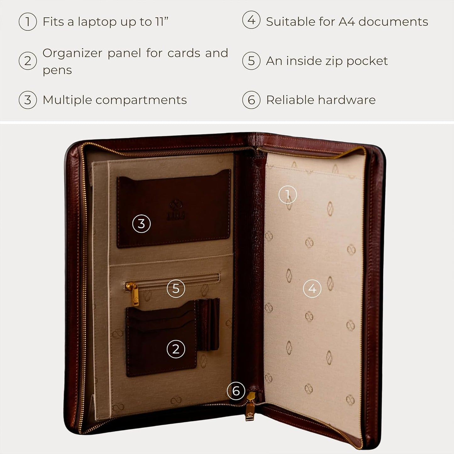 Time Resistance Leather Portfolio - A4 Document Folder - Italian Handcrafted Padfolio Organizer (Brown) - Gift Box Included