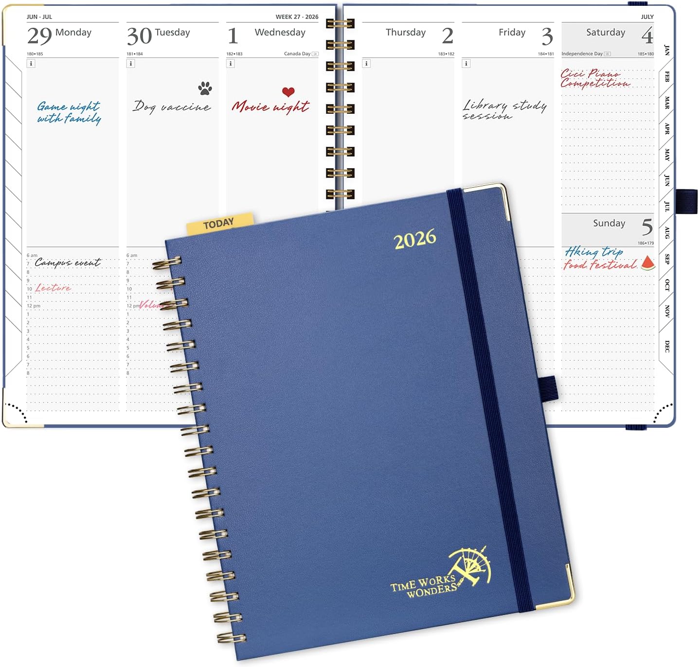 POPRUN 2026 Planner (Large Size 10'' x 8'' Wire-Bound Hard Cover) Daily Weekly and Monthly Calendar - Agenda 2026 (Jan.2026-Dec.2026) with Hourly Schedule, Monthly Tabs - Navy Blue