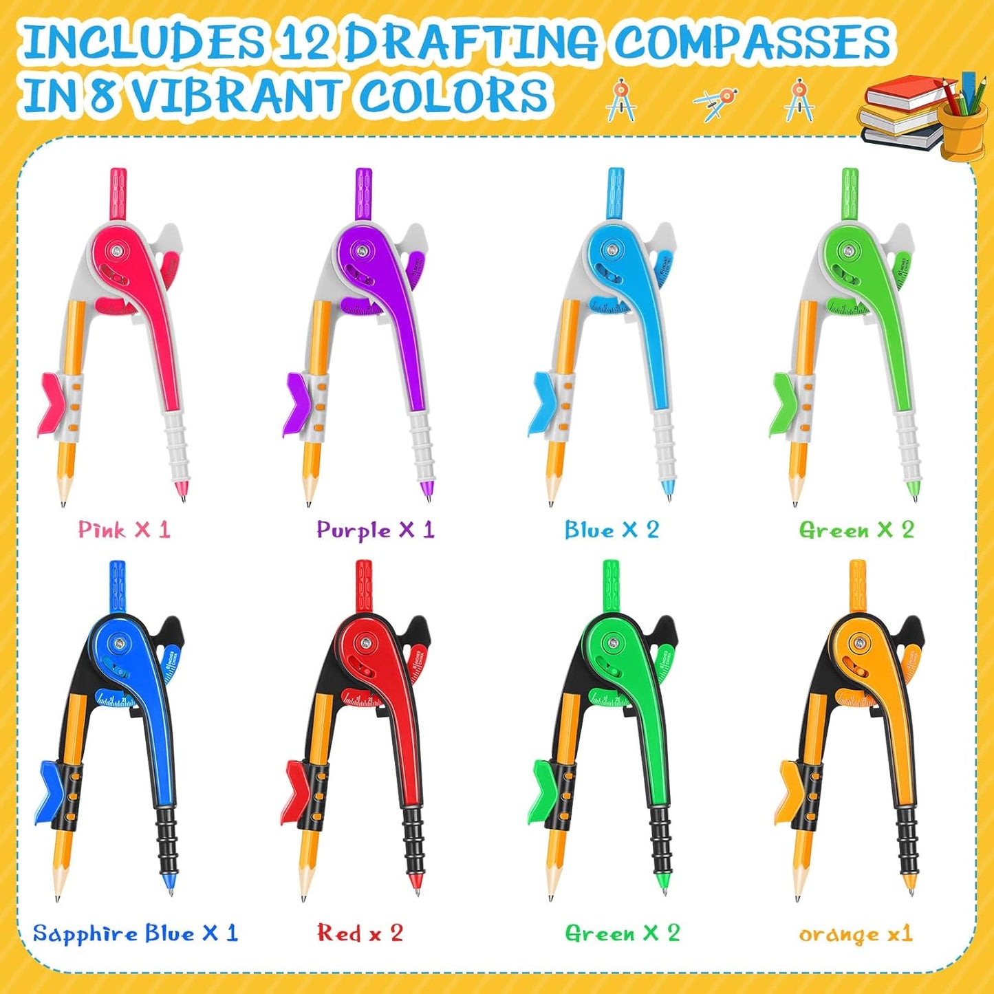 Zonon Student Math Geometry Compass Bulk 6 Inch Plastic Drawing Compass with Pencils Bright Color Precision Tool Back to School Supplies(12 Pcs)