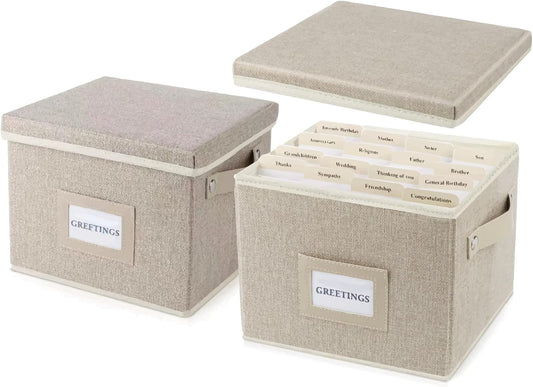 Greeting Card Organizer Box with 16 Dividers,Collapsible Greeting Card Storage Box with Handles Hold 150+ Cards,Greeting Card Holder for Greeting Cards,Sticker, Recipes, Photo, Envelope (Beige, 2 pcs)