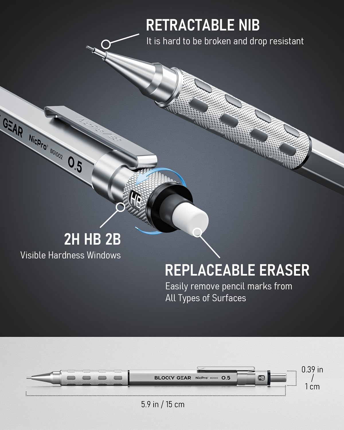 Nicpro Blocky Gear 0.5 mm & 0.7 mm Mechanical Pencils Set in Case, Metal Pencil with 6 Tube Lead Refills, Eraser, Eraser Refills for Professional & Adult Art Writing Drafting Drawing Sketching
