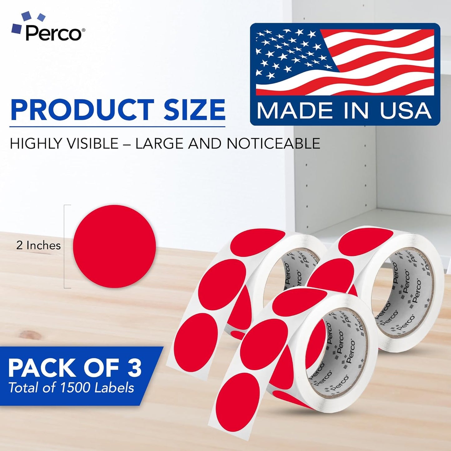 Perco Red 2-Inch Round Circle Dot Sticker Labels - Multi-Roll Pack (3 Rolls, 500 Labels Each) - Permanent Adhesive, Vibrant Colors, Strong Hold - Perforated for Easy Use - Made in USA