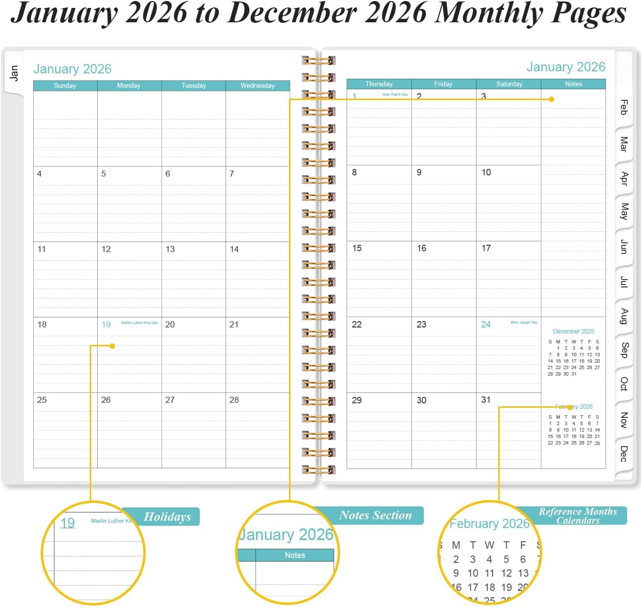2026 Planner - Planner 2026 from January 2026 - December 2026, Weekly & Monthly Planner Spiral Bound with 12 Monthly Tabs, Inner Pocket, 6.4" x 8.5", Blue Flower