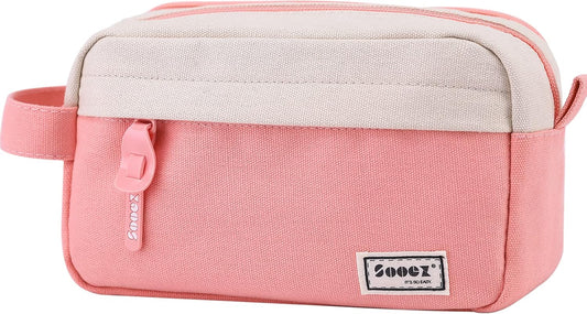 Sooez Big Capacity Pencil Case, Upgraded Canvas Pencil Pouch Large Pencil Bag Organizer, Separate Compartments Easy Grip Handle, Aesthetic Supply for School Teens Adults, Pink Pen Case