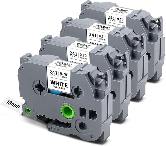 TZe-241 18mm 0.7 Laminated White Tape Compatible for Brother TZe241 Tz-241 P Touch 3/4" TZe TZ Tape for Brother Ptouch PT-D400 PT-D600 PT-D410 PT-D610BT PTD460BT Label Maker, Black on White, 4-Pack