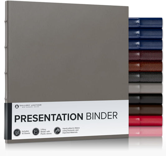 Gallery Leather 3 Ring Binder with Plastic Sleeves, Includes 10 Sheets, Sheet Size: 8.5" x 11" - Presentation Binder Rings with Hubbed Spine, Thick: 0.75" Freeport Slate