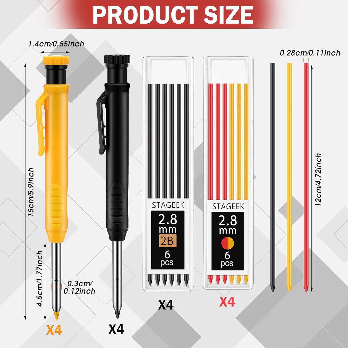 8 pack 2.8mm Mechanical Carpenter Pencils with 48 Refills, Construction Pencils with Built-in Sharpener, Long Nib Deep Hole Marker, Heavy Duty Woodworking Tools (Black+yellow)