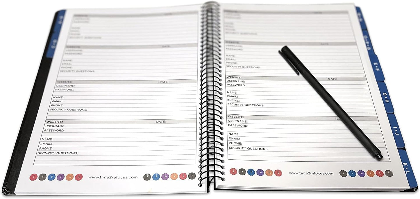 RE-FOCUS THE CREATIVE OFFICE, Executive Password Keeper Book, Black, Flexible Faux-Leather Cover, Spiral Bound