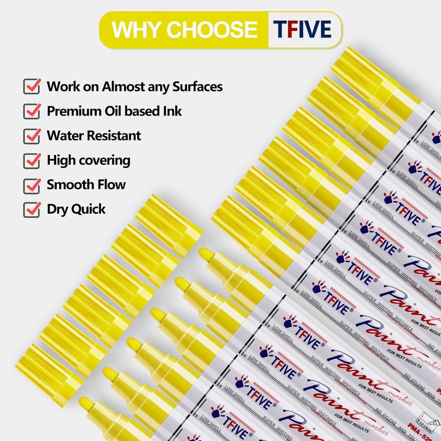 TFIVE Yellow Paint Pens Markers - 12 Pack Oil Based Permanent Marker, Medium Tip, Never Fade, Quick Dry, Waterproof Paint Pen for Rocks Painting, Wood, Fabric, Plastic, Canvas, Glass, Metal