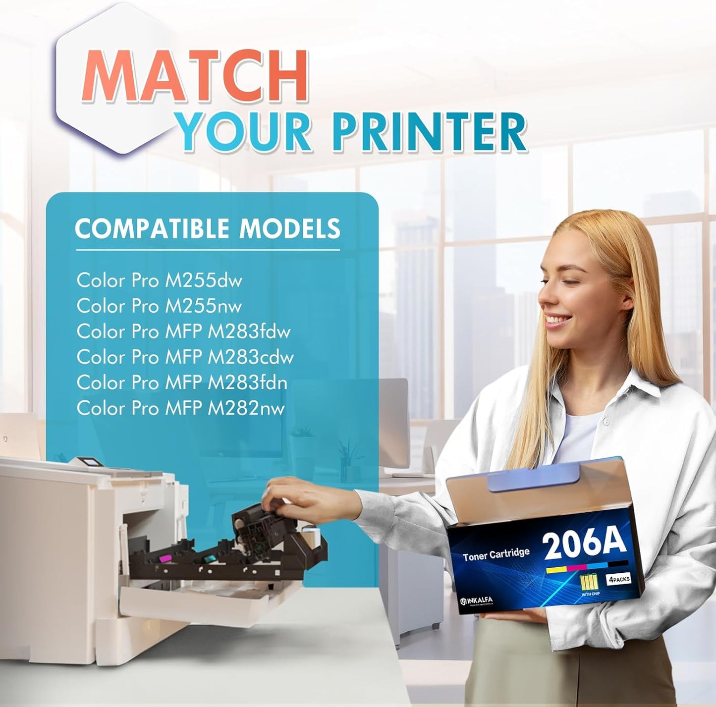 206A Toner Cartridges 4 Pack M283cdw M283fdw 206X Set Compatible Replacement for HP 206A 206X Color Laserjet Pro MFP M283fdw M283cdw M283 Pro M255dw Printer Ink High Yield (with Chip-B/C/Y/M)