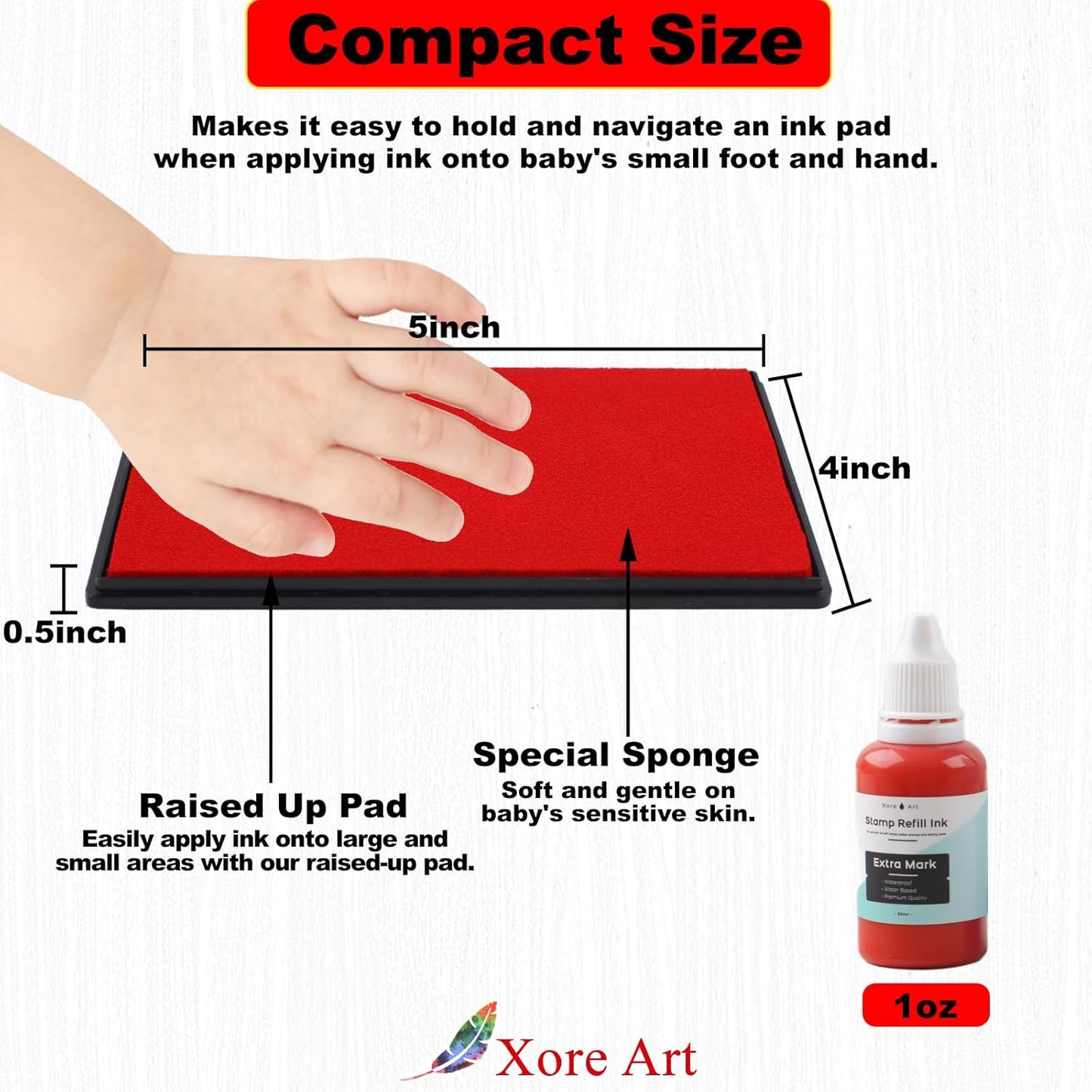5"x4'' Large Ink Pad Washable Stamp Ink Pad for Baby Footprint Handprint with 30ml Premium Refill Ink (Red)