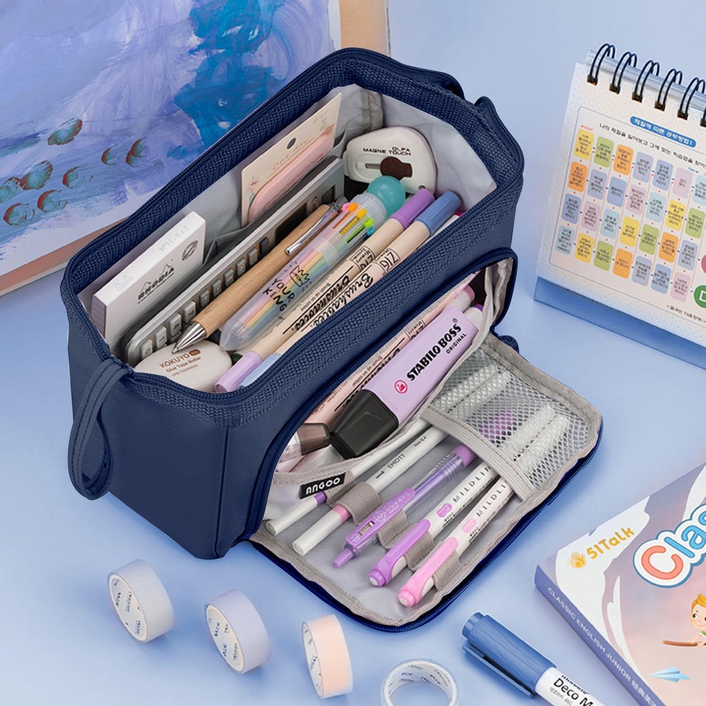 Pencil Case Pouch Large Capacity with Compartments, Pencil Case Pouch Bag with Zipper Handle for Teen Girls Boys Adults Women Men, Portable Pen Bag Stationery Organizer for Office School Travel, Navy