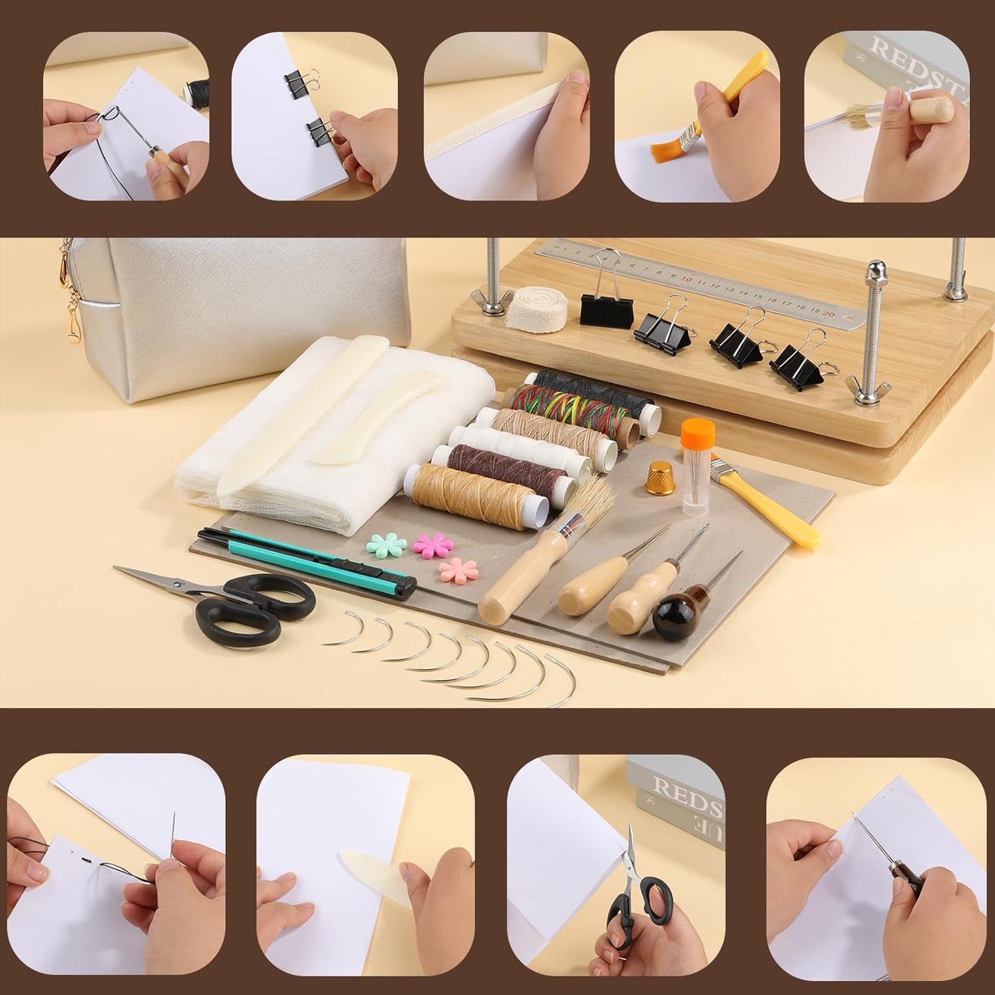 45 Pcs Book Binding Kits Bookbinding Kit Book Press 7.9”x11.6” with Book Binding Materials Bone Folder Tool Binding Cloth Webbing Strap and Storage Bag for Binding and Repair