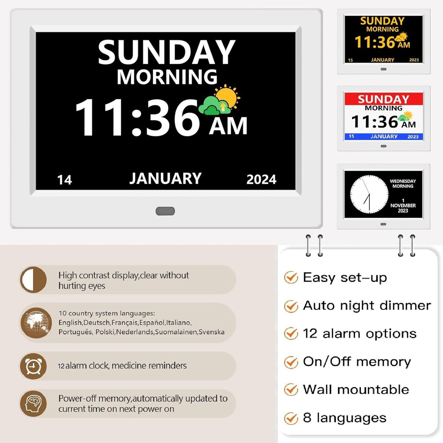 10 Inch Digital Clock with Day and Date for Elderly Alzheimer's Clock Customizable Alarms 3 Display Modes Large Font Alarm Clock for Seniors Auto DST