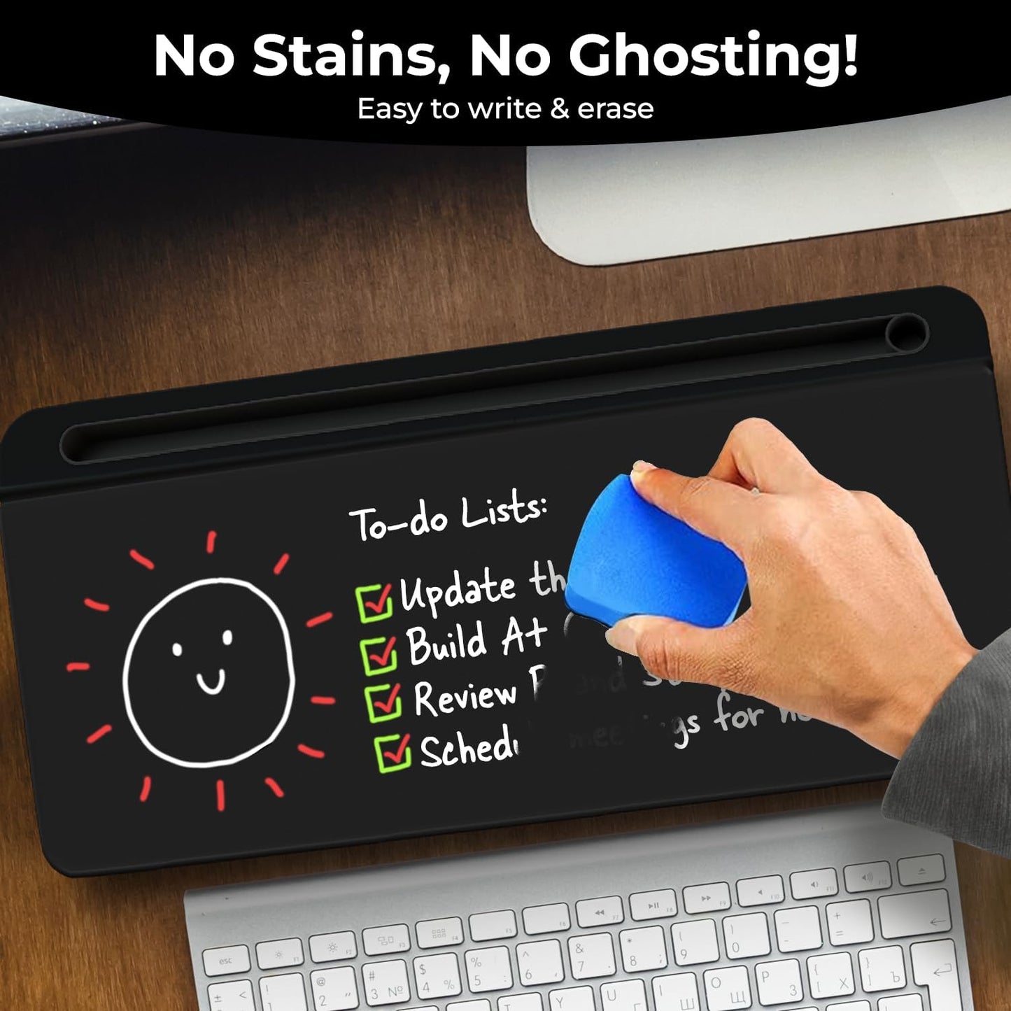 Chalkola Black Glass Desktop Whiteboard with Storage - Dry Erase Board, Work Desk Organizers, Computer Keyboard Stand, Home Office Desk Accessories, Workspace Desktop Buddy + 3 Markers