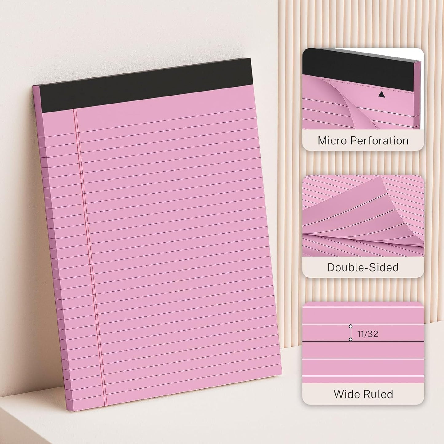 Pink Legal Pads 8.5 x 11, Notepads 8.5 x 11, Wide Ruled, 12 Pack Pink Note Pads 8.5 x 11, Pink Paper 8.5 x 11, Legal Size Paper, 30 Sheet/Notepad, Lined Paper, Writing Pads for Study, Office, Home