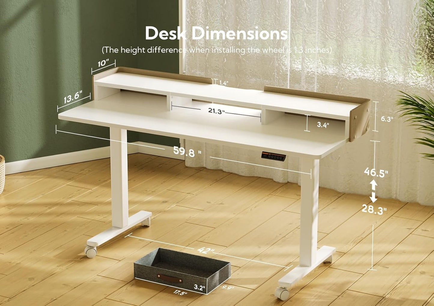 YDN Electric Standing Desk with Drawers, Adjustable Height Stand Up Desk, 59 inch Electric Sit Stand Computer Desk for Home Office, White