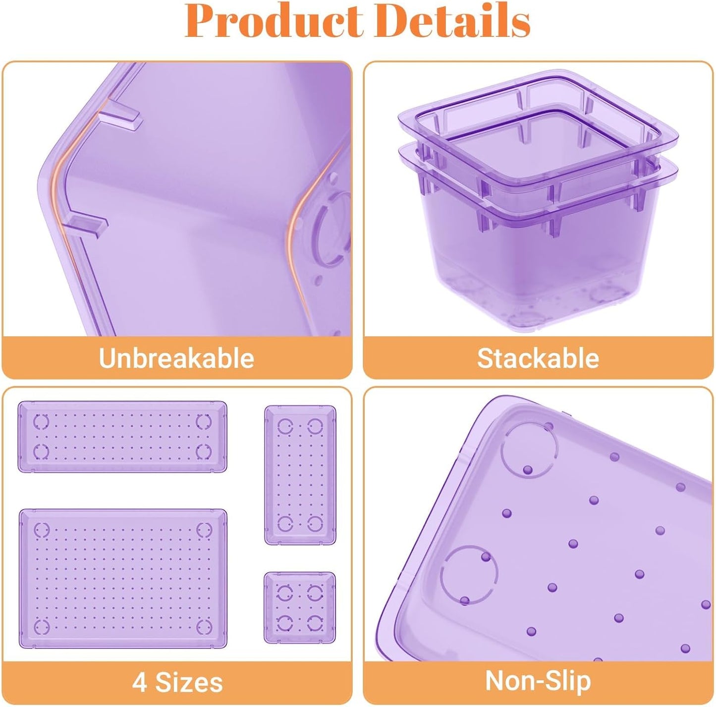 15 PCS Clear Plastic Drawer Organizer Set, 4-Size Acrylic Drawer Storage Trays, Storage Bins for Makeup, Gadgets, and Jewelry in Bathroom, Bedroom and Office, Clear Purple