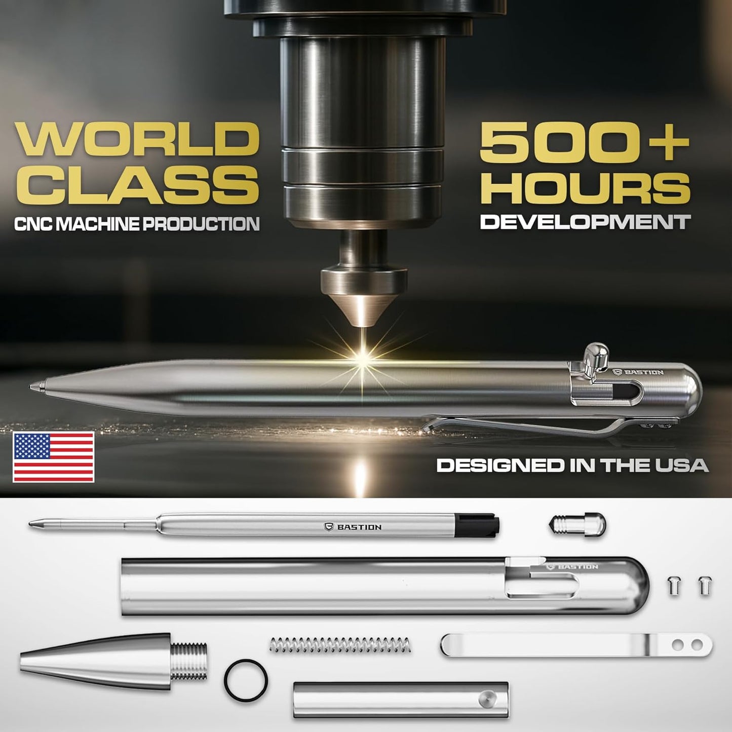 BASTION® Luxury Bolt Action Pen, Durable Professional Ballpoint Pen with Fine Tip, EDC Pen Ink Refillable Pen - 100% Stainless Steel