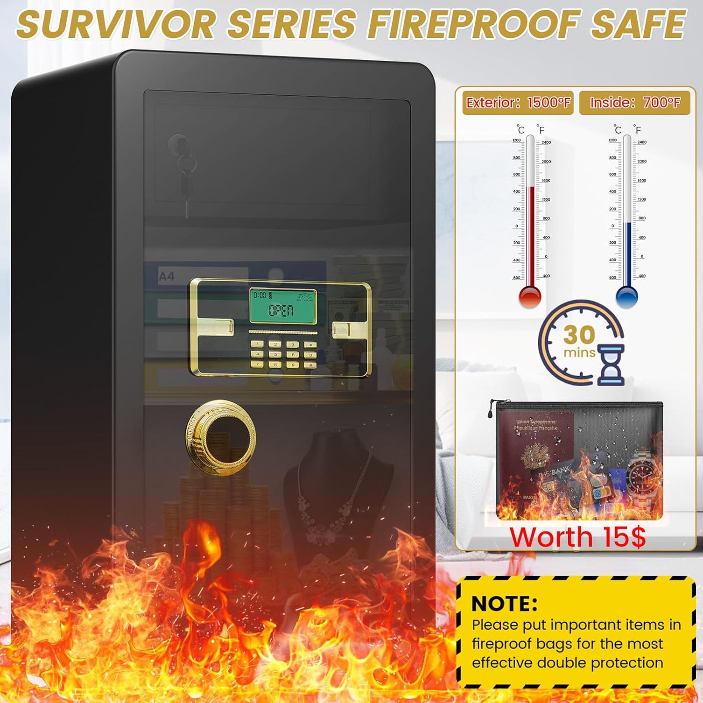 7.0 Cuft Fireproof Safe for Home, Home Safes Water and Fireproof, Safety Box with Digital Combination Lock, Fire and Water Proof Bag, Removable Shelf, Smart Alert, Safe for Money, Valuables