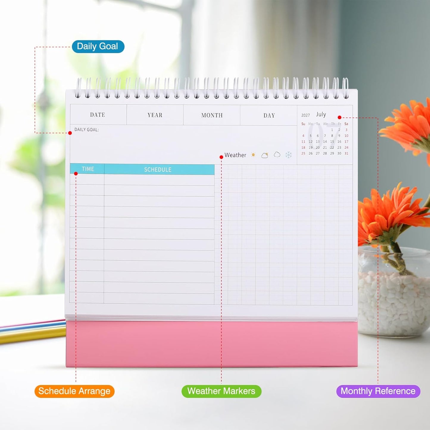 Desk Calendar 2026-2027, 2 Years Calendar Runs from Jan. 2026 until Dec 2027, Table Monthly Planner with Stickers for Home,Office,School Organization(L-Pink,9.8" x 9.6")