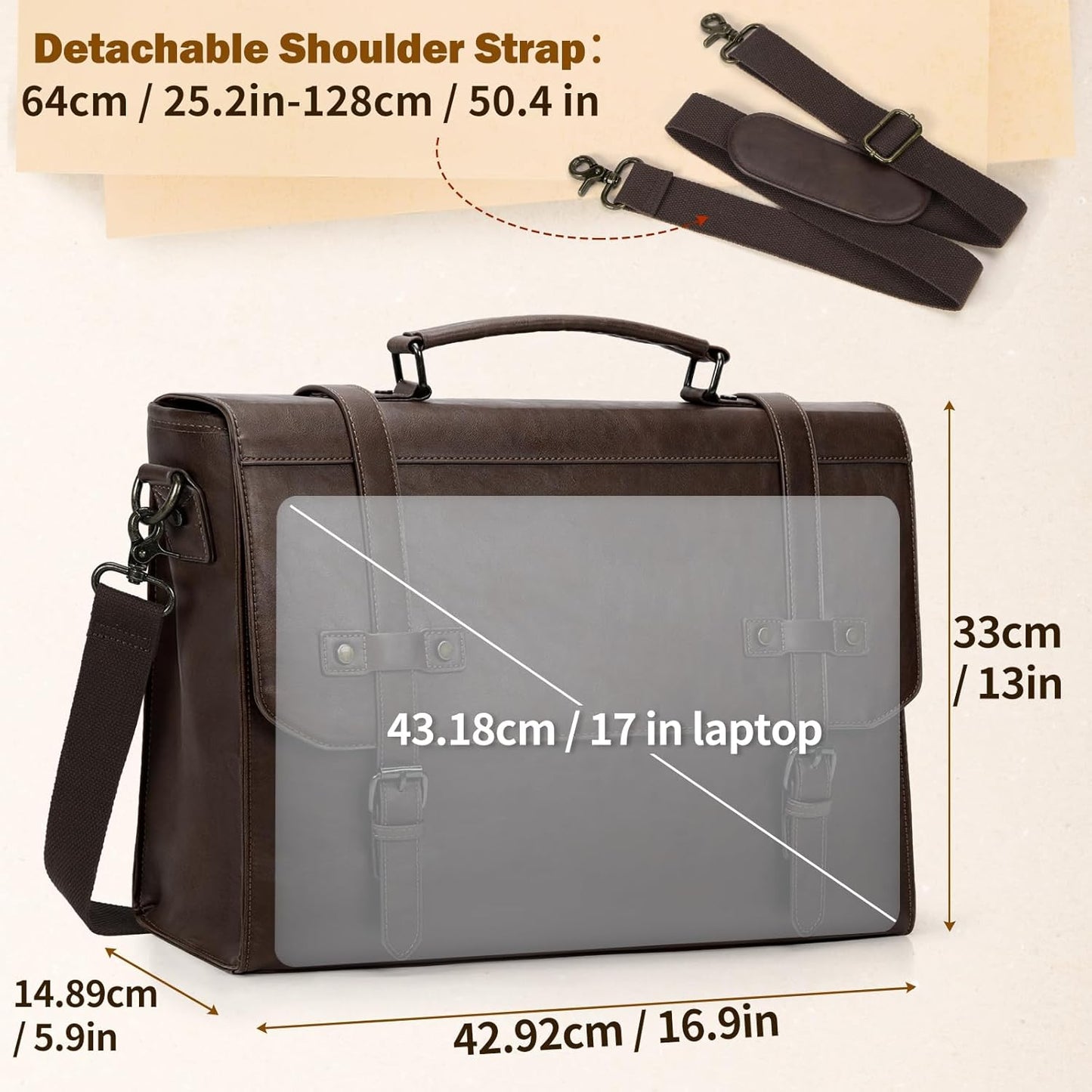 RAINSMORE Mens Messenger Bag 17 Inch Waterproof Vintage Leather Laptop Briefcase Large Laptop Bag Satchel Bag Computer Shoulder Bag for Office Business Travel College,Brown