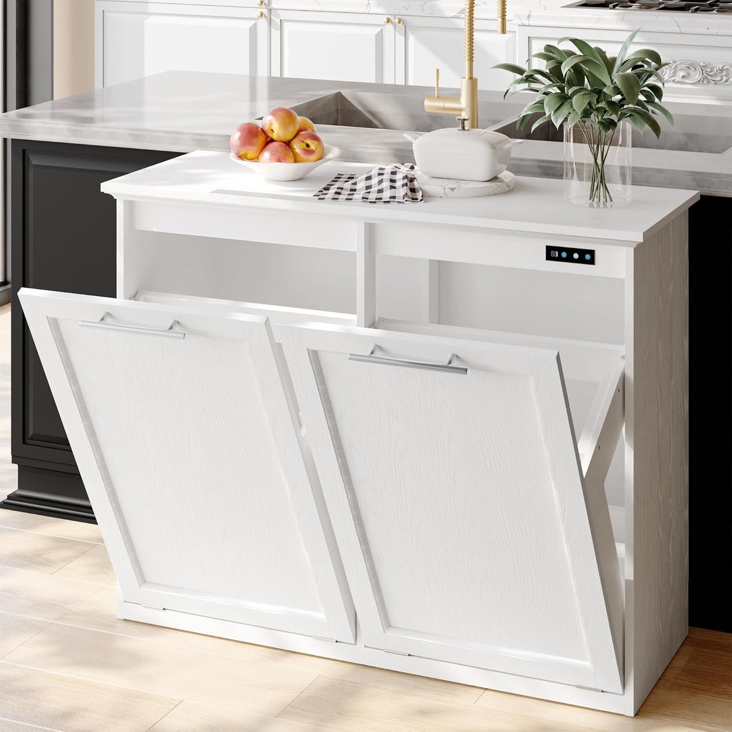 OLD CAPTAIN Tilt Out Trash Cabinet with Quick Installation and Deodorising Function, Wooden Freestanding Trash Can Cabinet Holds Up to 2x13 Gallons Capacity for Kitchen and Dining Room, White