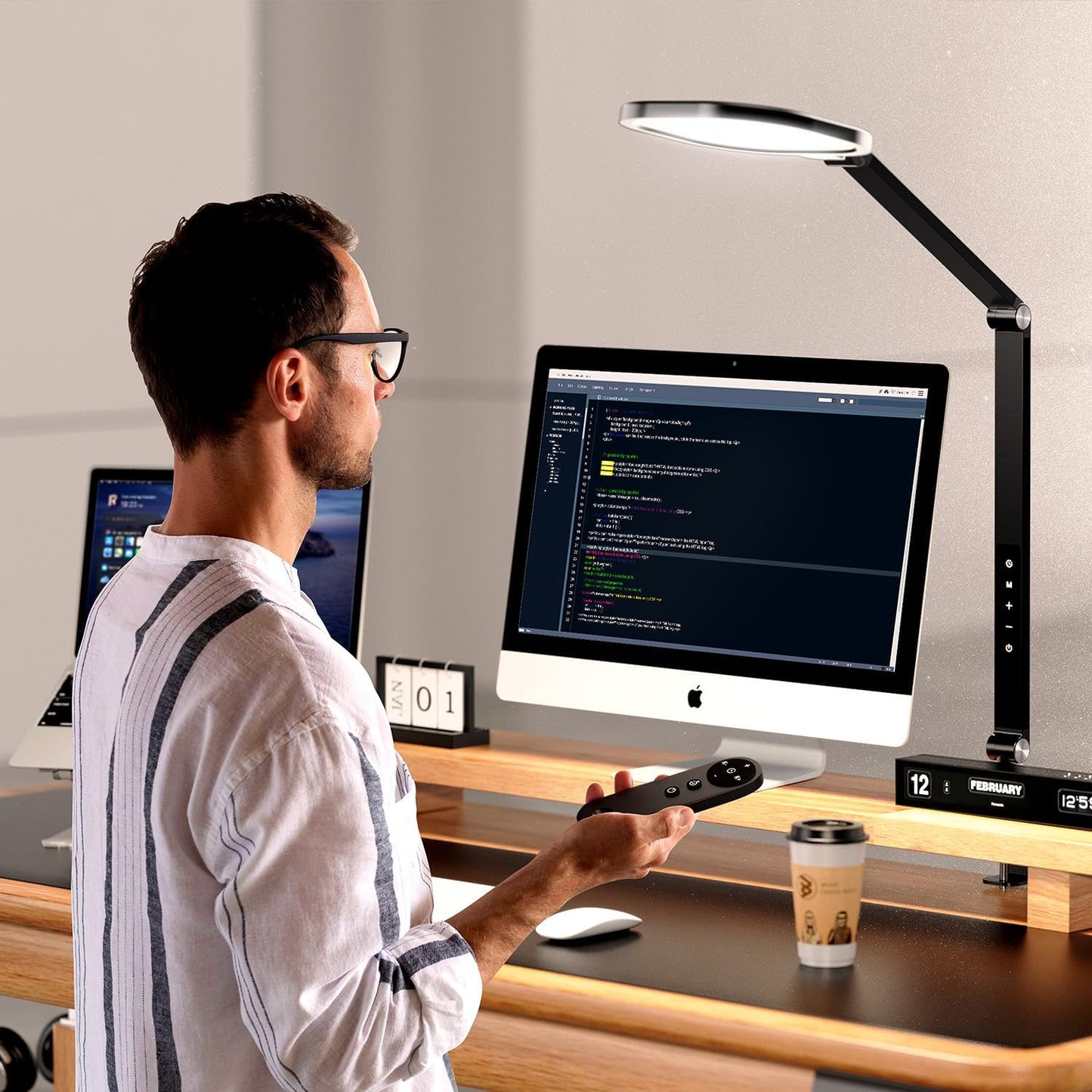 Led Desk Lamps for Home Office, Eye-Care Architect Light with Clamp, Dimmable Zoom Lighting with 3 Color Modes & 10 Brightness, Smart Computer Ring Light for Video Calls, Conference, Reading