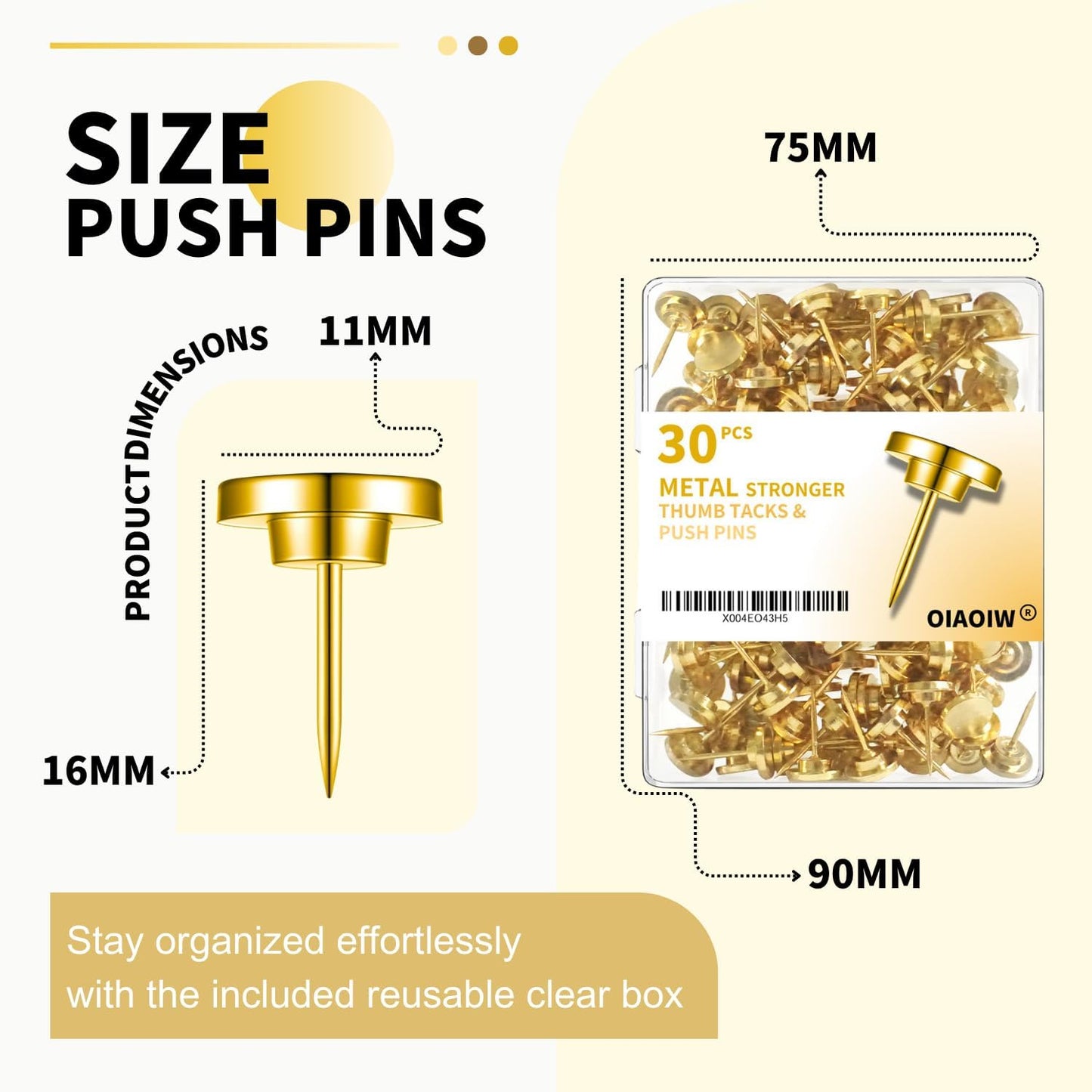 30 PCS Metal Gold Push Pins for Wall Clear Thumb Tacks for Walls Flat thumbtacks Push pin for Bulletin Board Shadow Box Display Thumbtack for Cork Board (Gold)