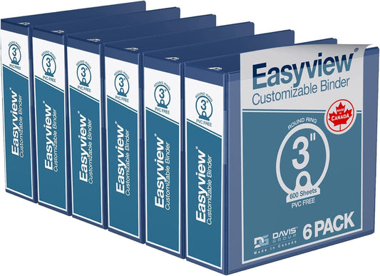 Easyview Premium 3-Ring Binders with Clear-View Covers and Round Rings, Binders for School or Office, 3 Inch, Pack of 6, Royal Blue