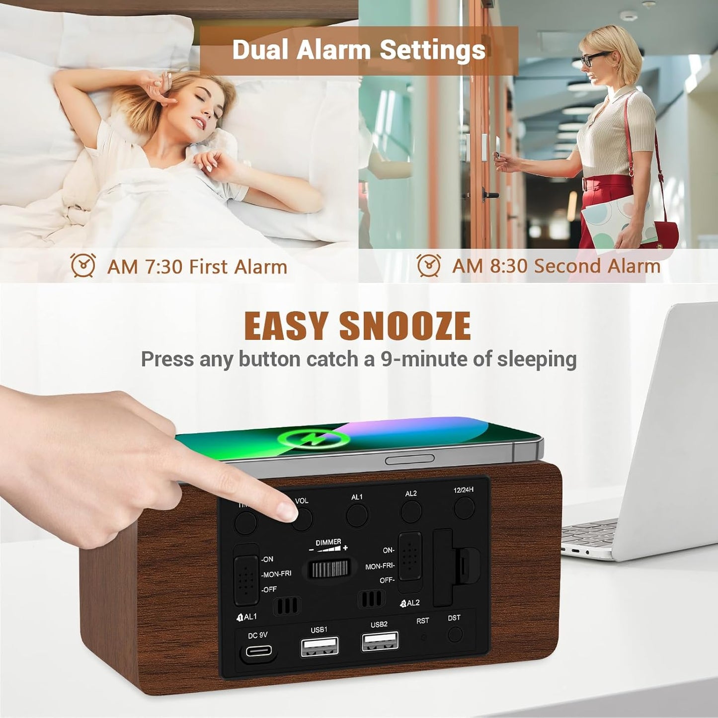 Wood Digital Alarm Clock with 10W Fast Wireless Charger, USB Charging Ports, DST, Dimmable, Snooze, Large Number LED Display for Bedrooms, Desk, Living Room Table, Bedside, Nightstand (Brown)