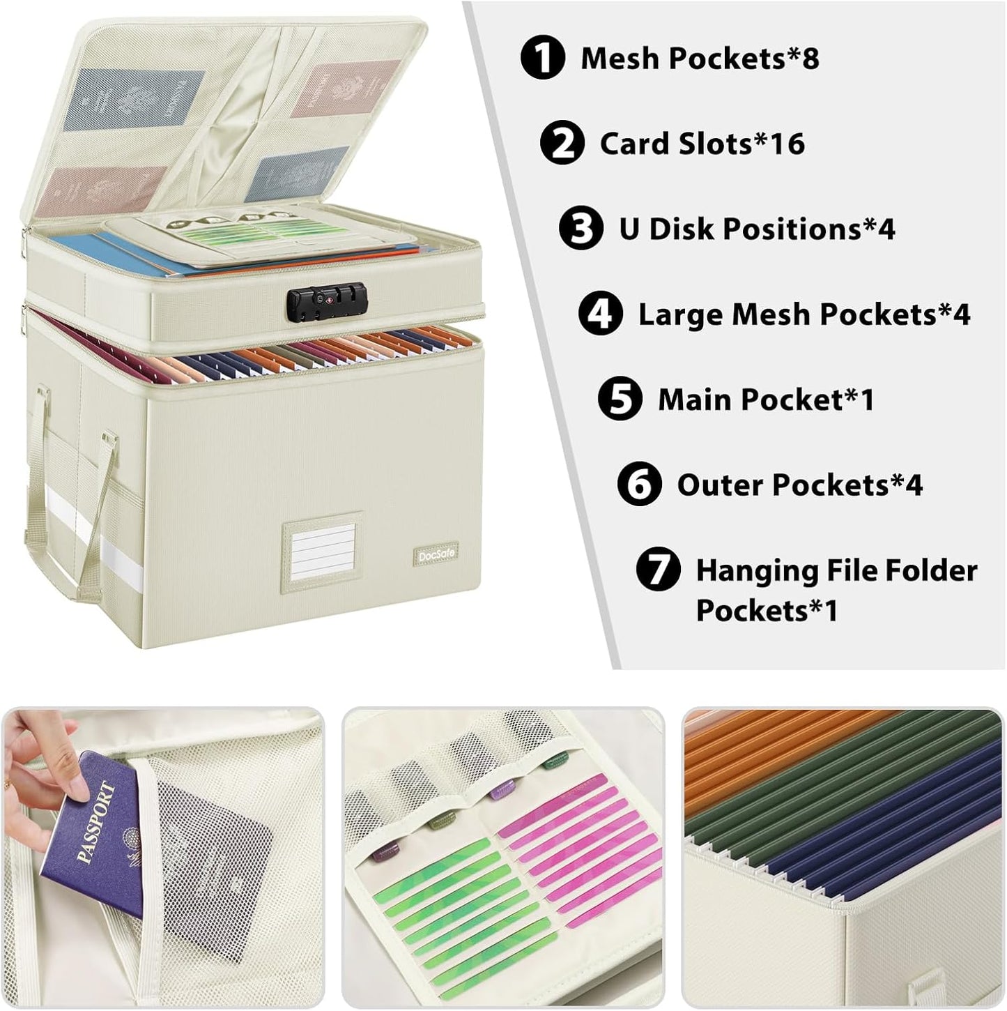 DocSafe File Box with Lock,Multi-Layer Fireproof Document Box Collapsible File Storage Organizer with Pockets/Handle,Large Portable Home Office Filing Box for Hanging Letter/Legal Size Folders,Beige