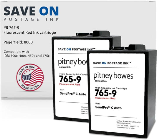 Save On Postage Ink (2 Pack 765-9 Postage Meter Ink Cartridge Compatible with Pitney Bowes 765-9, SendPro MailStation Postage Meter Ink, DM 300c, 400c, 450c and 475c