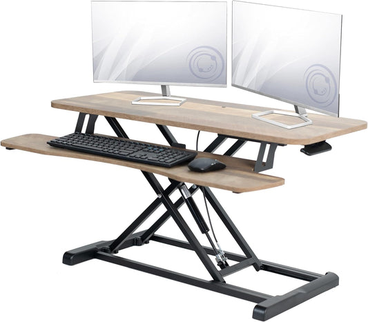 VIVO 36 inch Desk Converter, K Series, Height Adjustable Sit to Stand Riser, Dual Monitor and Laptop Workstation with Wide Keyboard Tray, Reclaimed Wood Top, Black Frame, DESK-V036KP