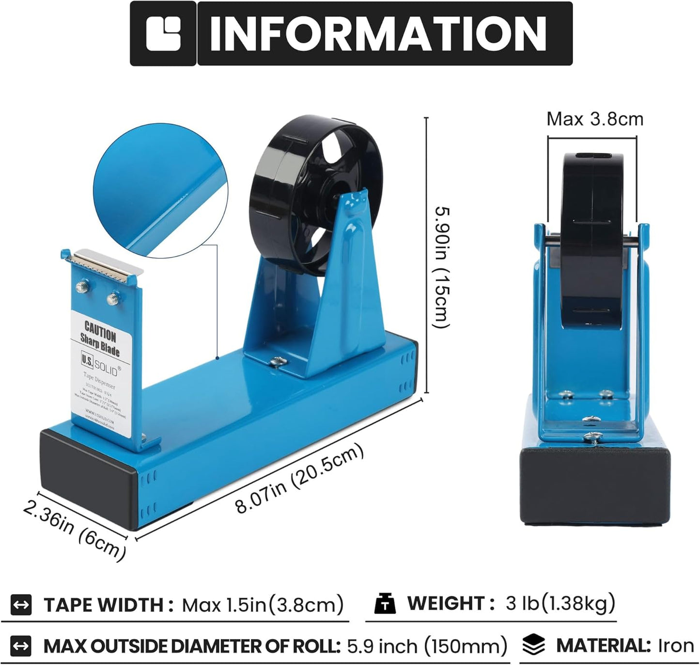 U.S. Solid Desktop Multi-Roll Tape Dispenser - 1.5 Inch Wide, 1 or 3 Inch Core, Iron, Blue