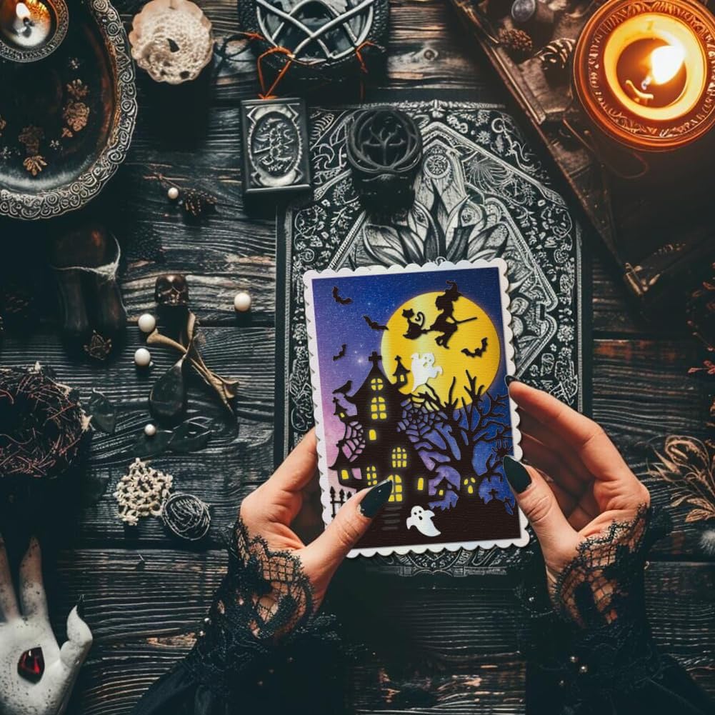 GLOBLELAND Halloween Haunted House Cutting Dies for Card Making Witch Cat Ghost Bat Cut Die for DIY Scrapbooking Journal Embossing Paper Craft Decor