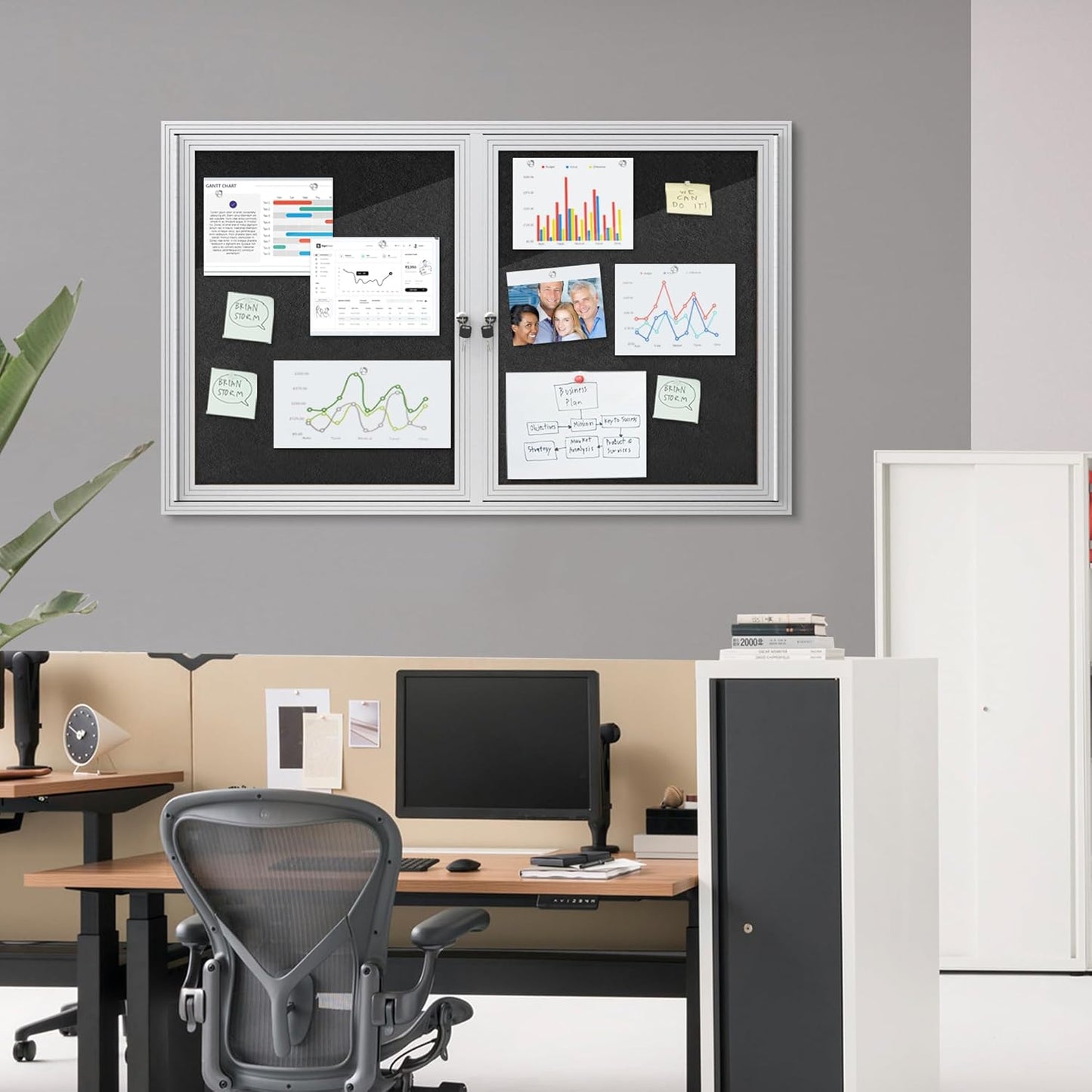 48"x30" Enclosed Bulletin Board, Outdoor Lockable Weather-Resistant Aluminum Cork Noticeboard for School & Office, Silver Frame w/Black Flet