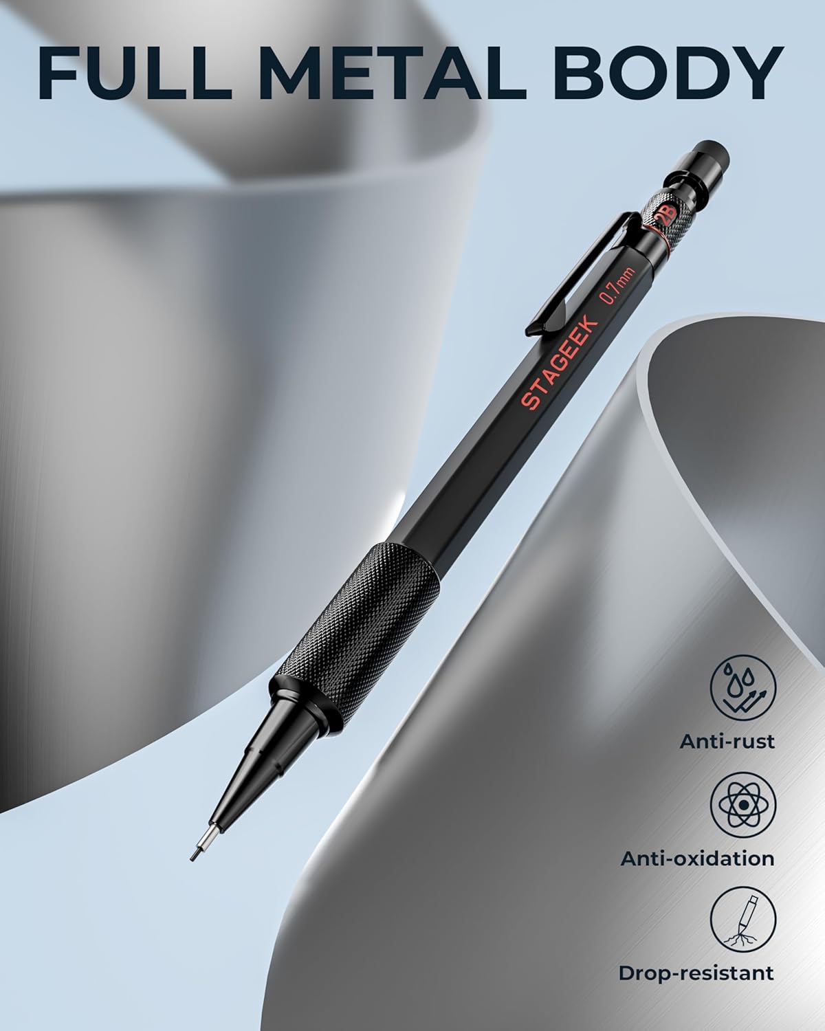 0.9mm Mechanical Pencil Set, 3PCS Metal Mechanical Pencils 0.9mm with 6 Tubes HB & 2B Lead Refills,Erasers, Weatherproof Artist Pencils with Case for Outdoor Writing Drafting Drawing